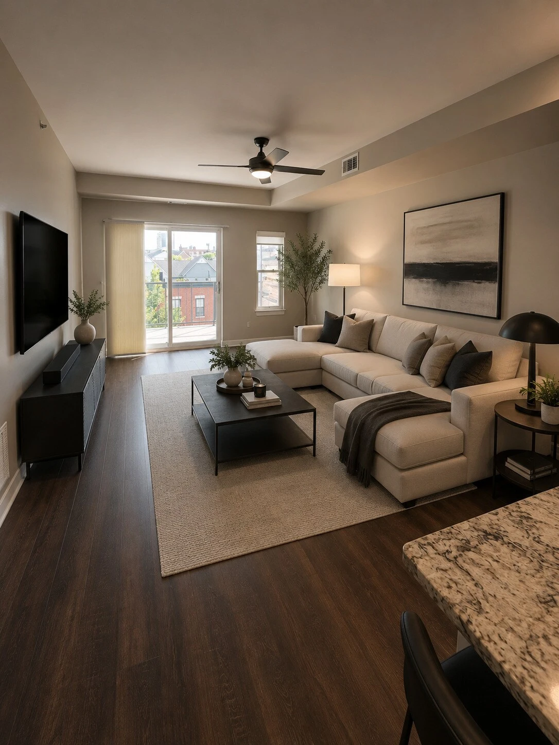 Two Bedroom residence at Charlotte Square — the room is real, the furniture was added digitally