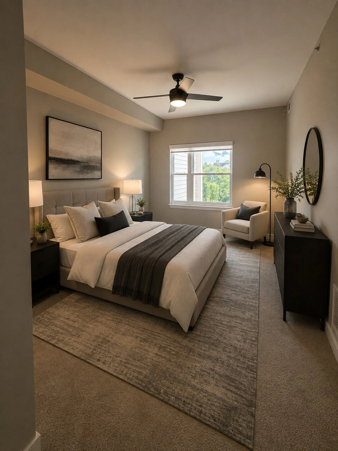 A bedroom at Charlotte Square — the room is real, the furniture was added digitally